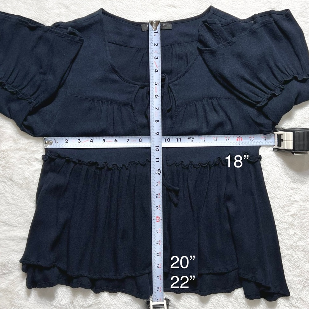SOLD-Romeo+Juliet Couture Navy Blue Ruffled Tiered Bell Sleeve Tie Neck Top - Picture 10 of 10